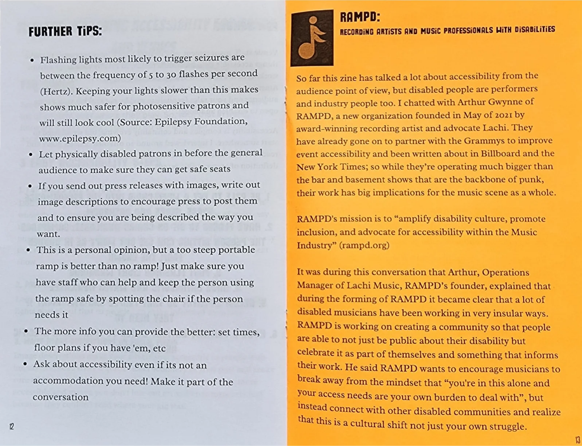 P&aacute;ginas 12 y 13 del fanzine &laquo;Cripple Punk Mag&raquo;. El contenido textual se transcribe en el texto que acompa&ntilde;a a la imagen.
