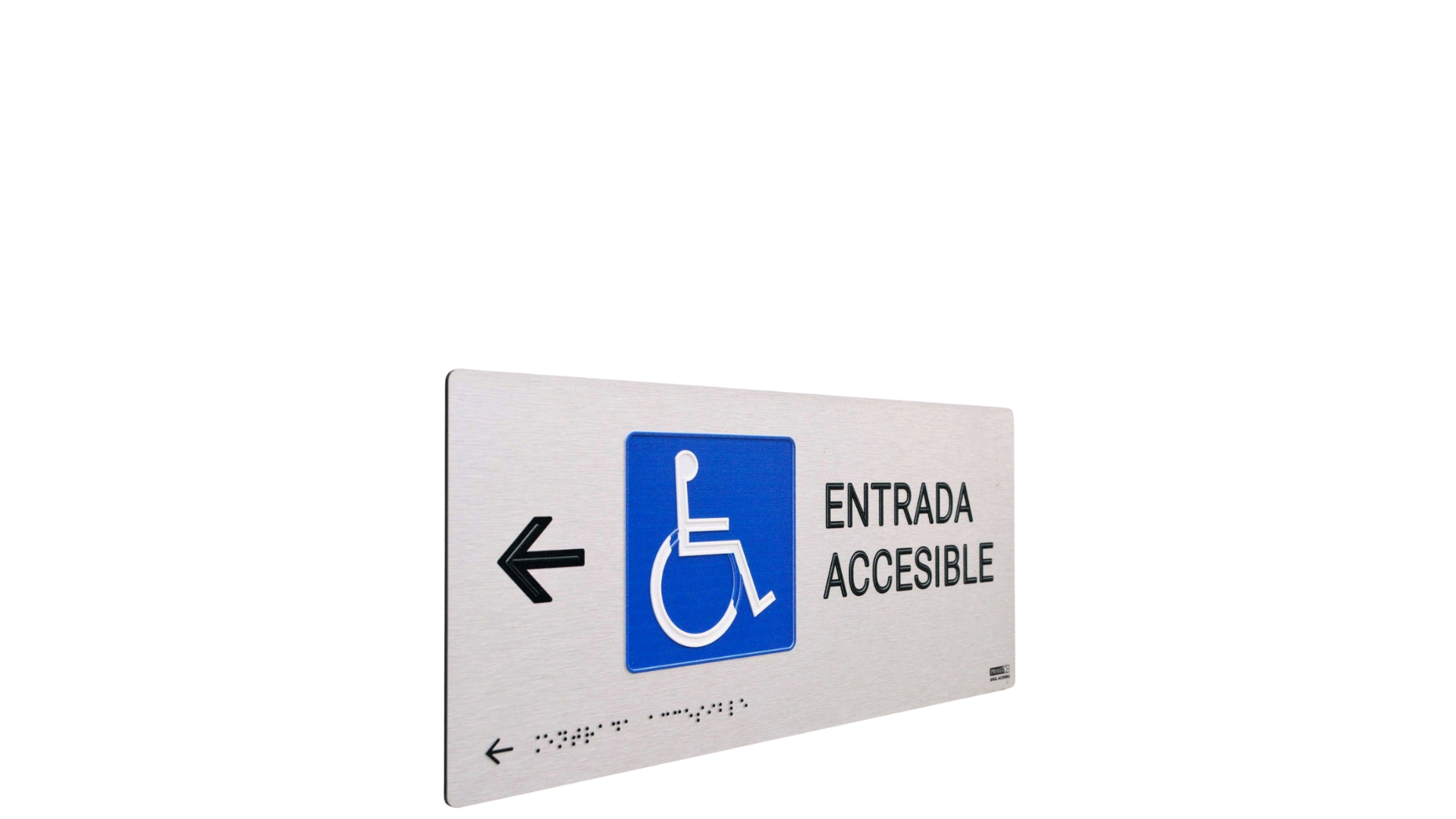 Se&ntilde;al de entrada accesible con el s&iacute;mbolo internacional de accesibilidad, una flecha hacia la izquierda y el texto &laquo;ENTRADA ACCESIBLE&raquo;, con braille en la parte inferior.