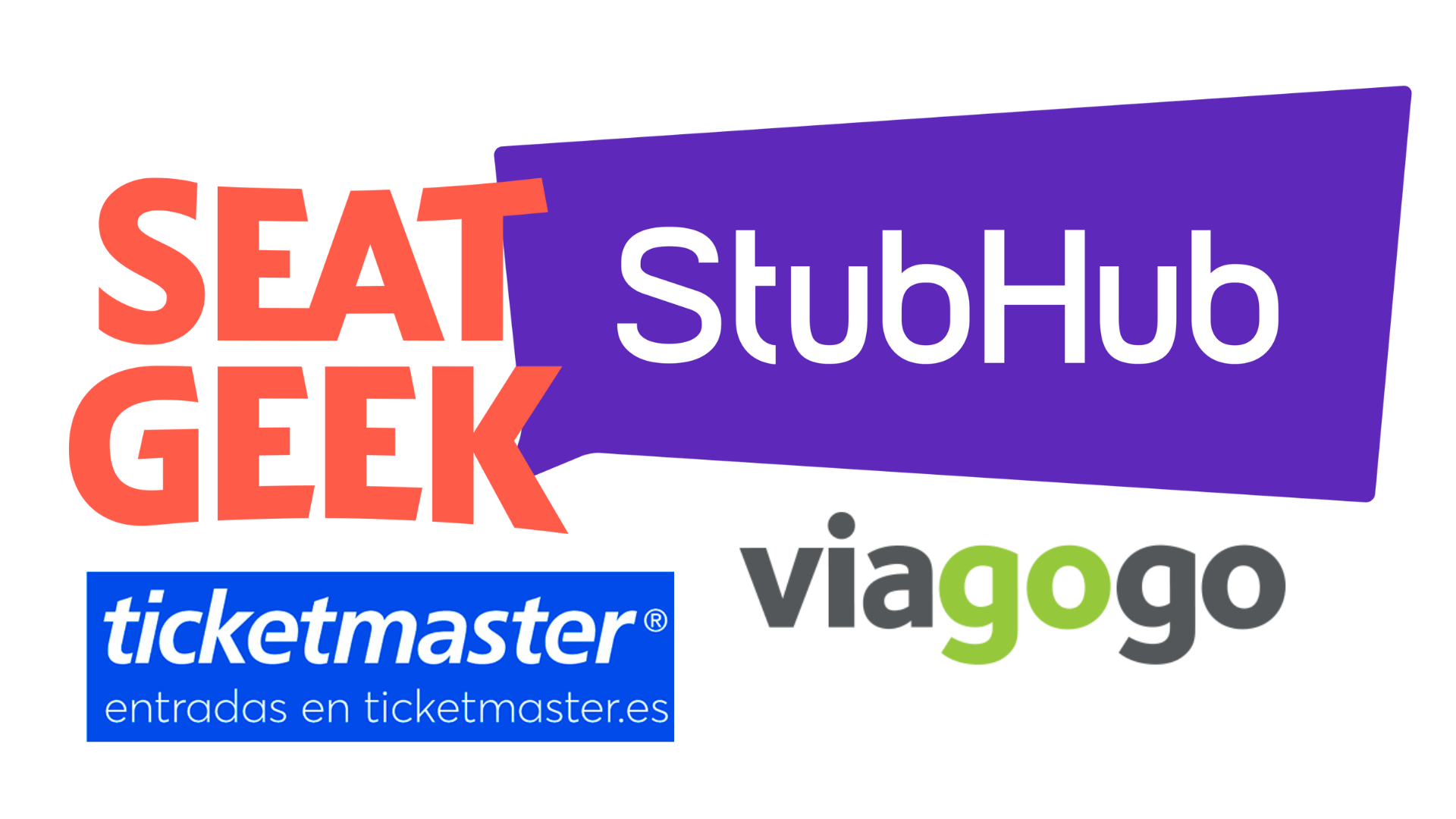 Collage con cuatro&nbsp;logotipos de plataformas de venta de entradas:&nbsp;SeatGeek, StubHub, Ticketmaster&nbsp;y Viagogo.