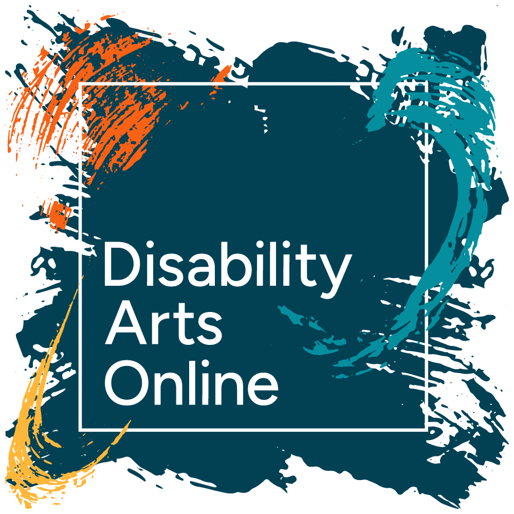 Logo de Disability Arts Online con el nombre en blanco dentro de un recuadro, sobre un fondo abstracto de pinceladas en tonos azul oscuro, turquesa, naranja y amarillo.