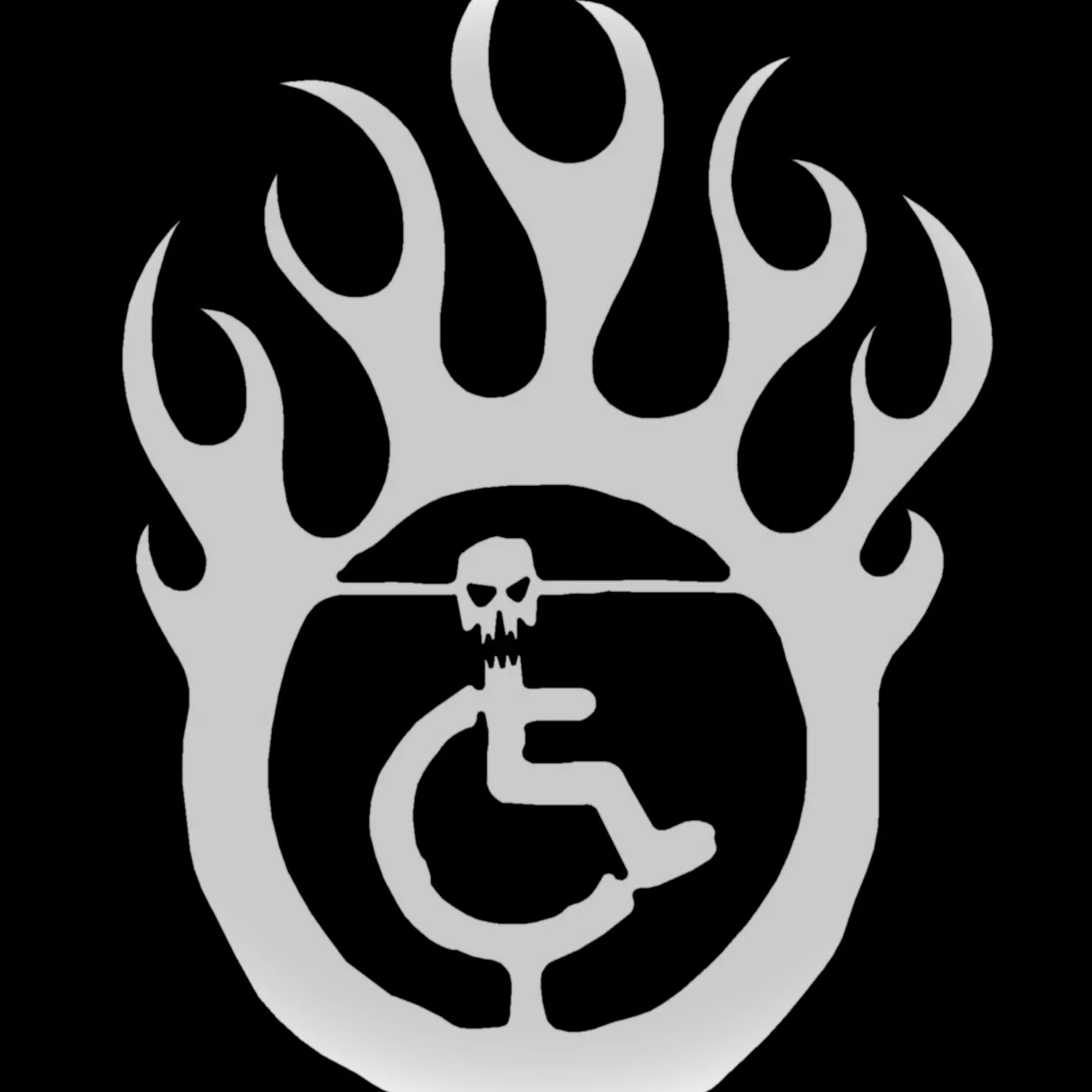 Texto alternativo realizado por www.sampetersen.com.au: "Símbolo de la silla de ruedas, pero en esta versión dibujada a mano la silla está en llamas y la cabeza es una calavera enfadada que mira directamente a quien la observa.